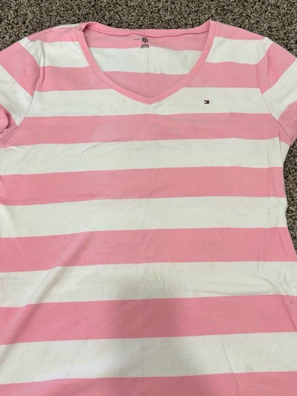 Tommy Hilfiger Pink and White Striped V‑Neck Short Sleeve Tee